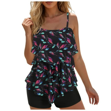 felwors Women’s Two-Piece Tiered Ruffle Tankini Swimsuit – Tropical Palm Print Flowy Tummy Control Top with Boyshorts Bottom Multi-Color Beach Pool Vacation Bathing Suit(Multicolour, L)
