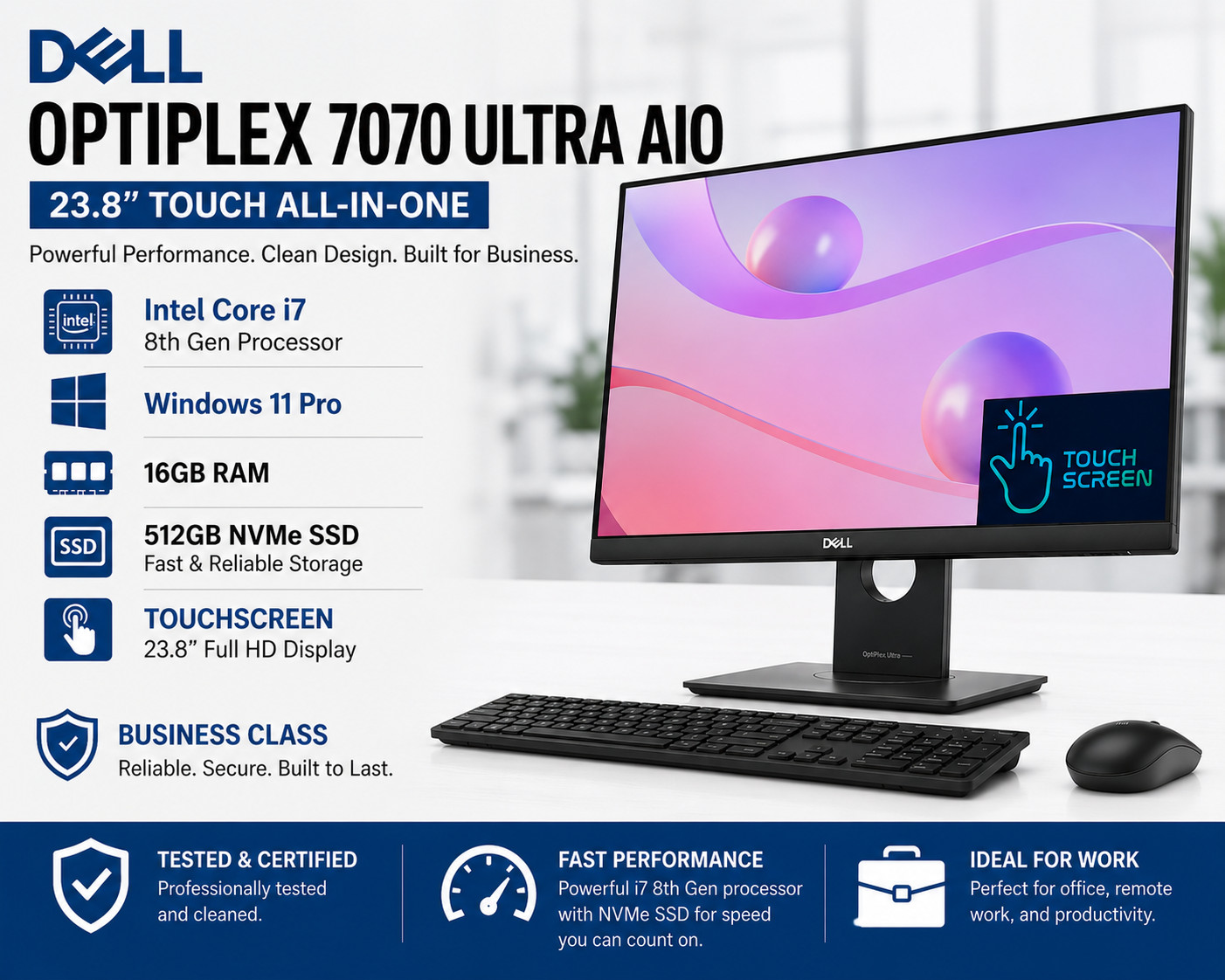 Dell OptiPlex 7070 Ultra AIO 23.8″ TOUCH Win 11 Pro AIO i7, 16GB Ram, 512GB NVME