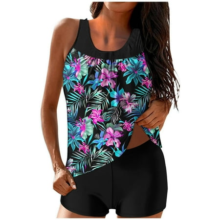 Erwazi Modest Tankini Swimsuits for Women Tummy Control Bathing Suit 2 Piece Swim Tank Top and Shorts Swimwear Set