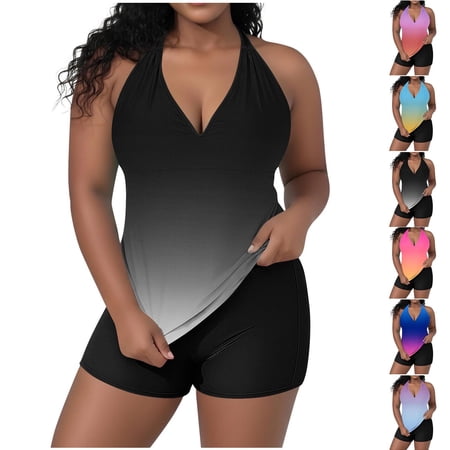 YanHoo Women’s Plus Size Tankini Set Two Piece Swimsuits Halter Neck Bathing Suits with Shorts Modest Tummy Control Swimwear