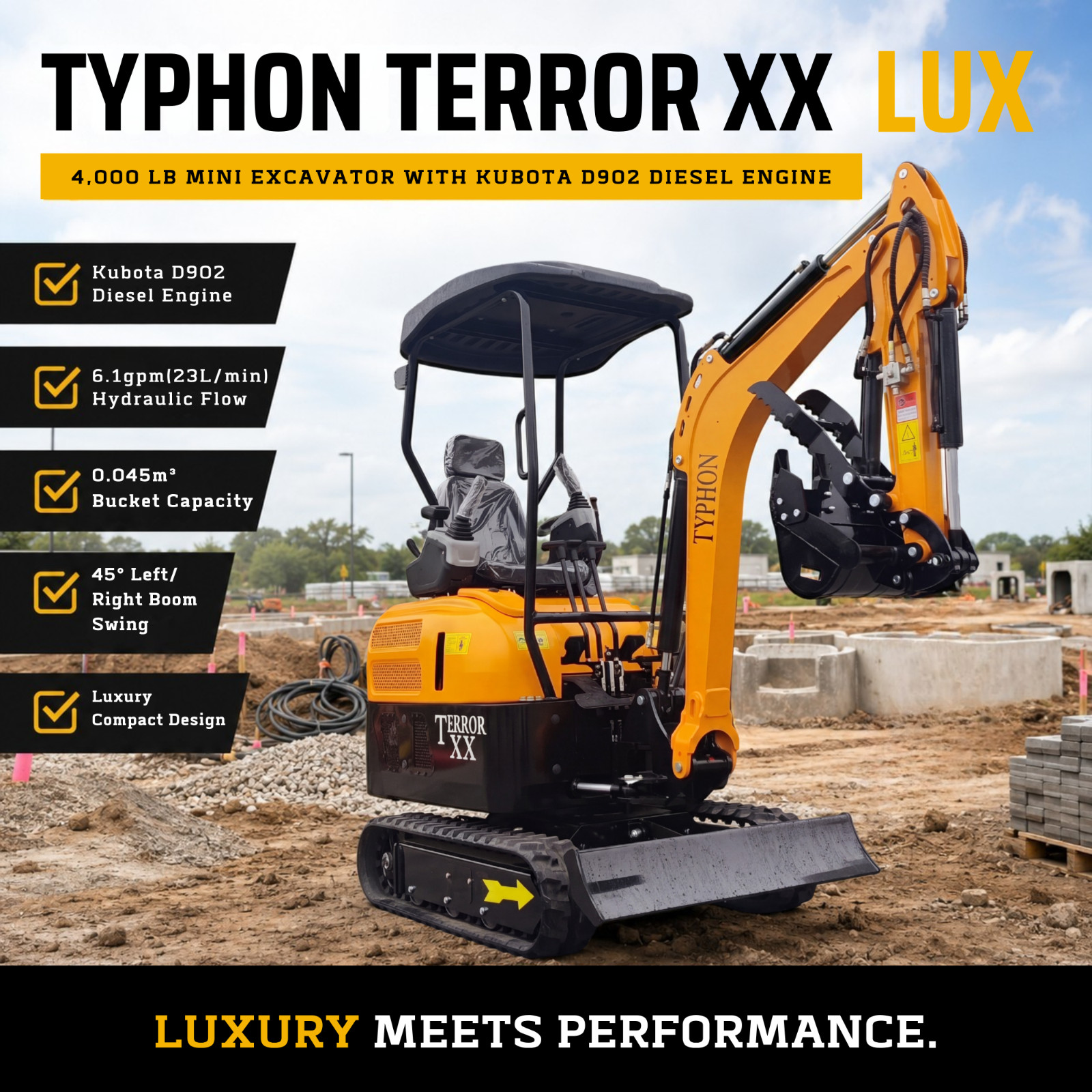 TYPHON TERROR XX LUX 4000 lbs Mini Excavator Rubber Track w Kubota D902 Diesel