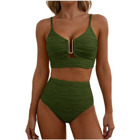 Stamzod Women’s 2 Piece Bikini Set U-Wire Cutout Bathing Suit Tummy Control Swimsuits with Bottom Army Green XL