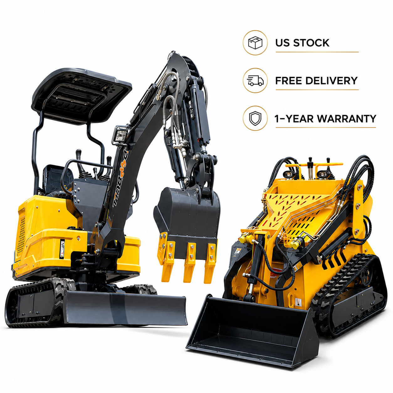 1.2 Ton Mini Excavator 13.5HP + S480 23HP Skid Steer Loader Gas EPA Free Ship US