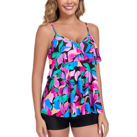 OCEAN BLUES Women’s Plus Size Swimsuit Set V Neck Ruffle Tankini Top with High Waisted Boyshort Two Piece Bathing Suit Size 2XL