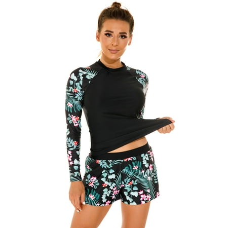 IDOPIP Women’s Long Sleeve Rash Guard Swimsuit Set, 2-Piece, Size M