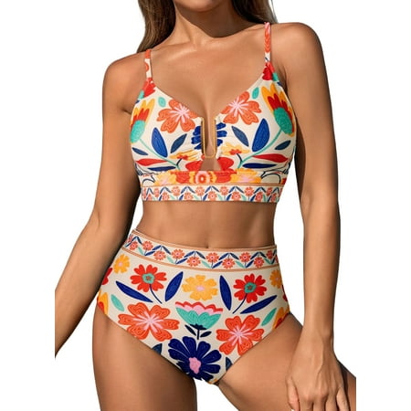 Eytino Swimsuits for Women Bikini Sets Floral Print 2 Piece U Wire High Waisted Crisscross Back Bathing Suits