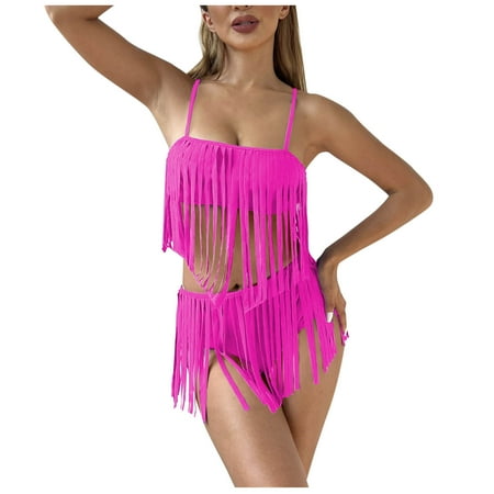 UTSJKR Women Fringe Trim Two Piece Swimsuits Sexy Square Neck Spaghetti Strap Sleeveless Bathing Suits High Waist Swimwear Hot Pink XL