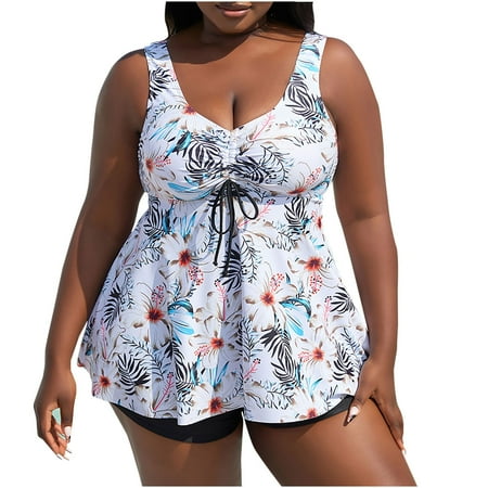 Enjoytime Swim Suits for Women 2025 Plus Size Two Piece Bathing Suits Flower Printed Front Bandage Swimwear with Boyshorts Tummy Control Swimsuits for Women