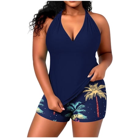 Nfurl Plus Size Womens Tankini Swimsuits Trendy Floral Print Tankini Bathing Suit 2 Piece Halter Swim Tops Tummy Control Swimsuti with Shorts Sky Blue,Size XXXXL