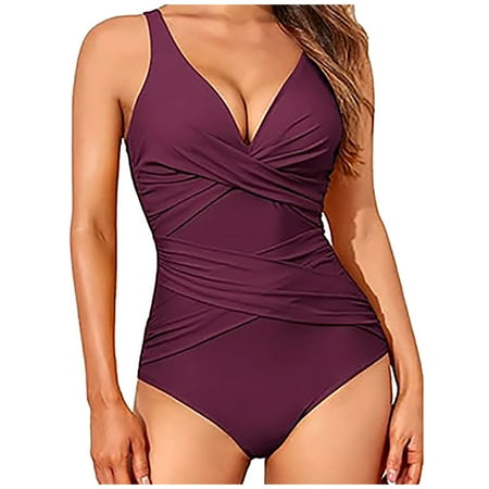Plus Size Swimsuits for Women One Piece Slimming Ruched Push Up Bathing Suit Vintage Padded Retro V Neck Swimwear Purple XL