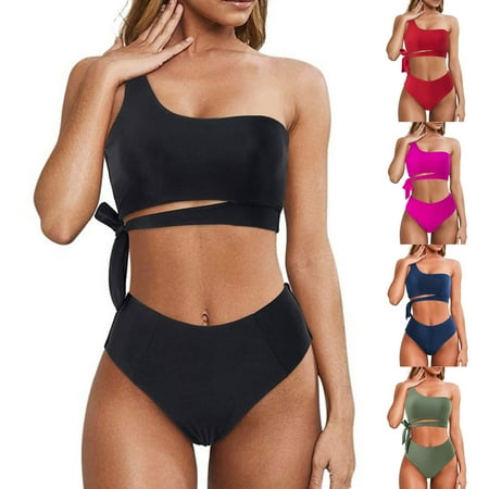 UTSJKR Women’s One Shoulder Swimsuits High Waisted Bikini Swimwear Summer Fashion Tie High Cut Two Piece Bathing Suits Black S