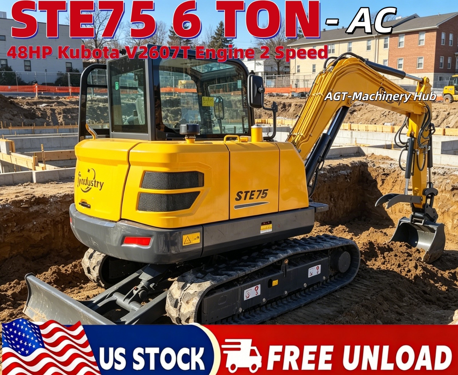 6 Ton SHANTUI STE75 Excavator Digger 48HP Kubota V2607T Engine 2 Speed with AC