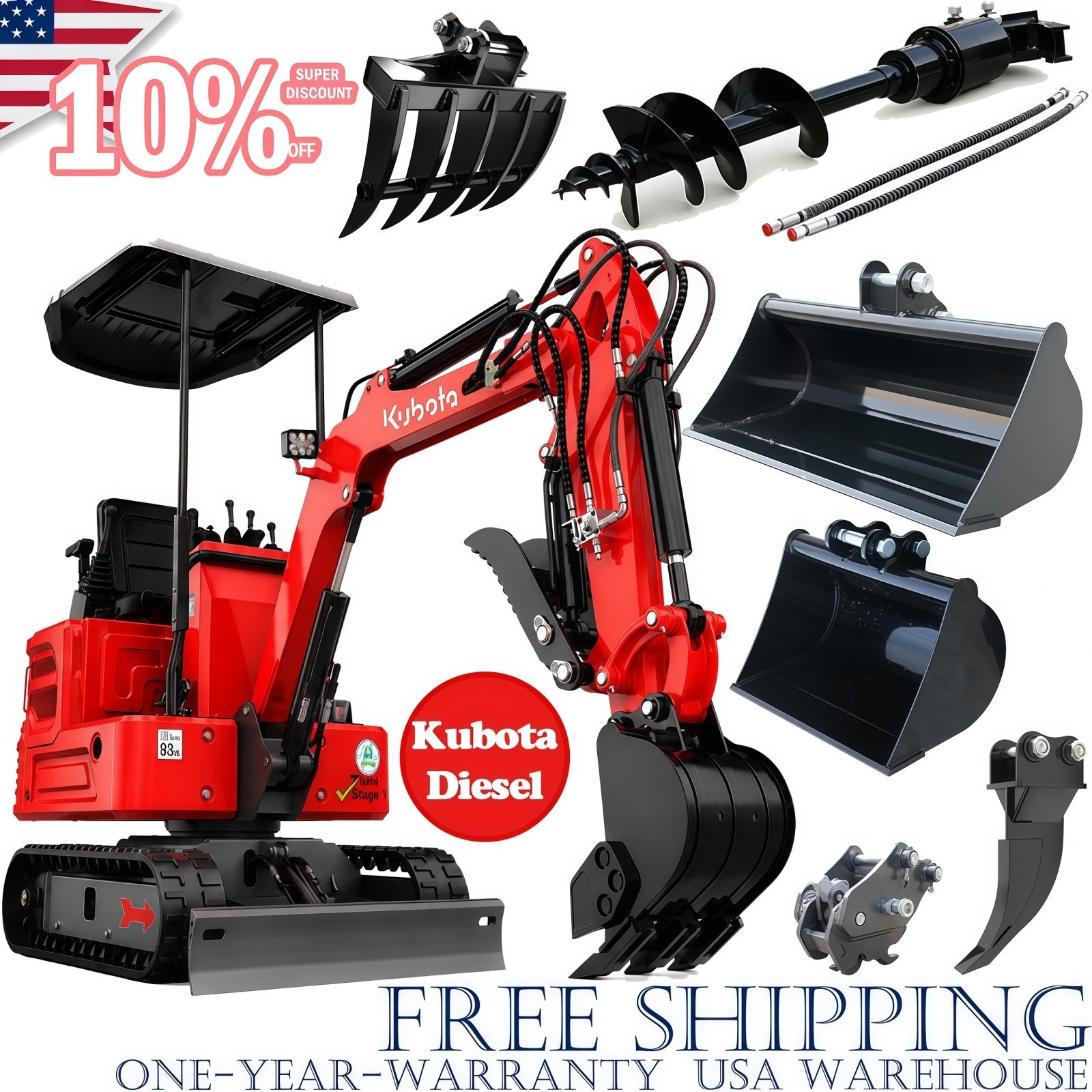 Mini Excavator 1.4 Ton Kubota Diesel Engine Pilot Control Crawler Digger EPA USA