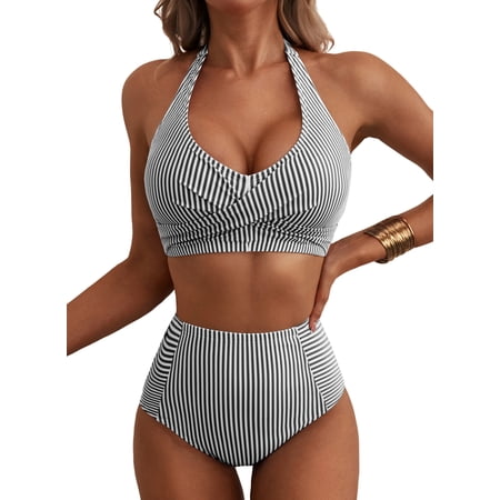Eytino Women’s Swimsuits Halter V Neck Striped 2 Piece Bikini Set High Waisted Bathing Suit with Patch Pocket, Black, L