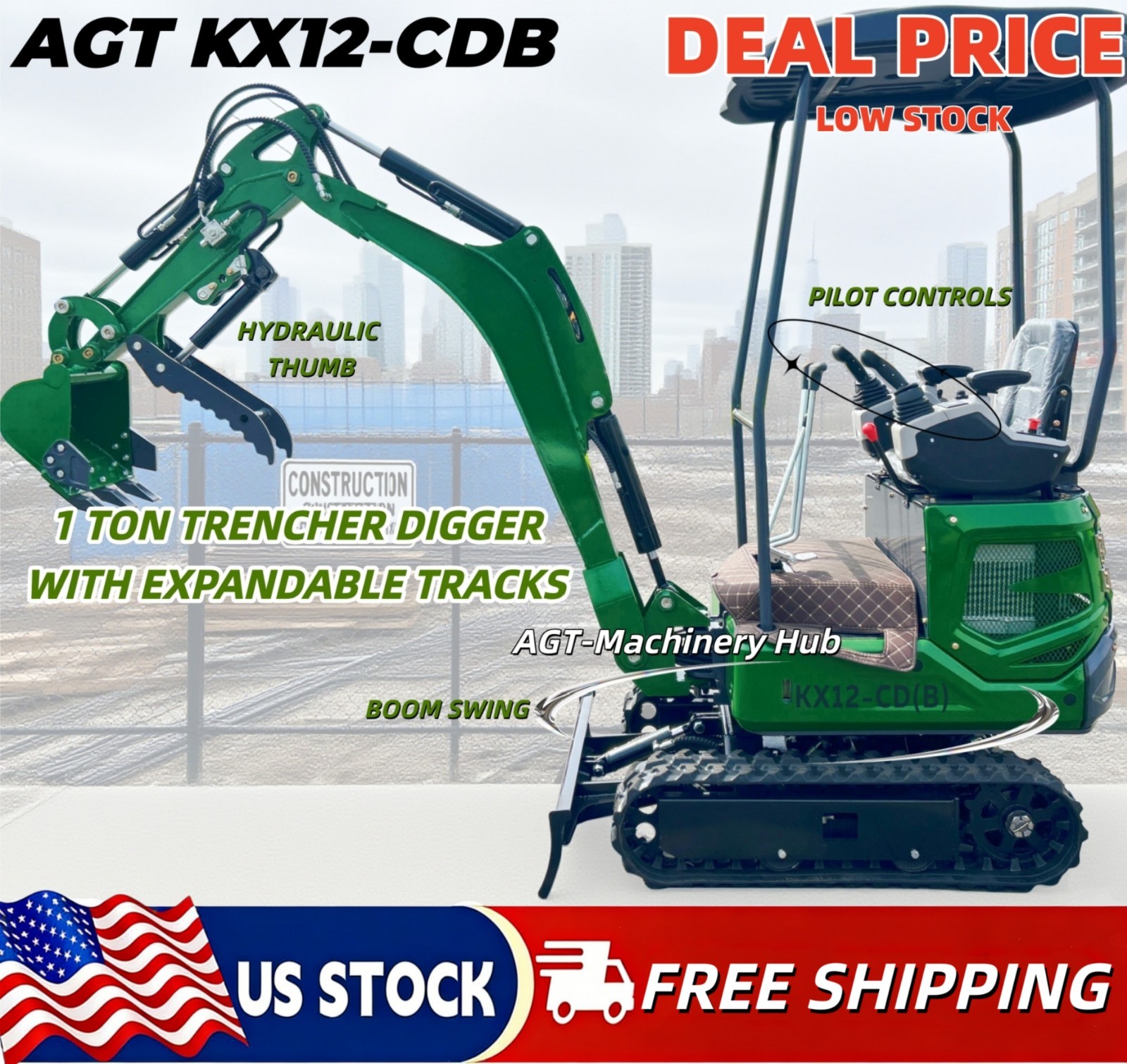 AGT KX12-CDB 13.5HP Mini Excavator B&S Engine Pilot Control Expandable Track
