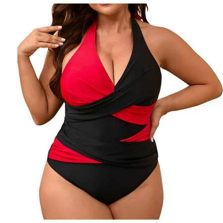Enjoytime Swim Suits for Women 2026 Fashion Patchwork Tummy Control Halter Tie One Piece Swimwear Adjustable Modest Plus Size Bathing Suits