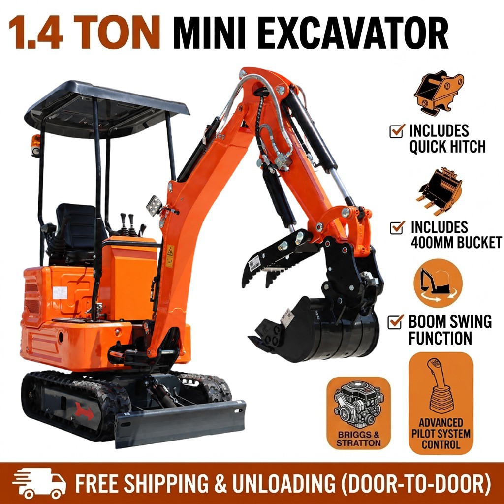 1.4Ton Mini Excavator Side Swing Pilot Control 13.5HP B&S Gas Engine USA Stock