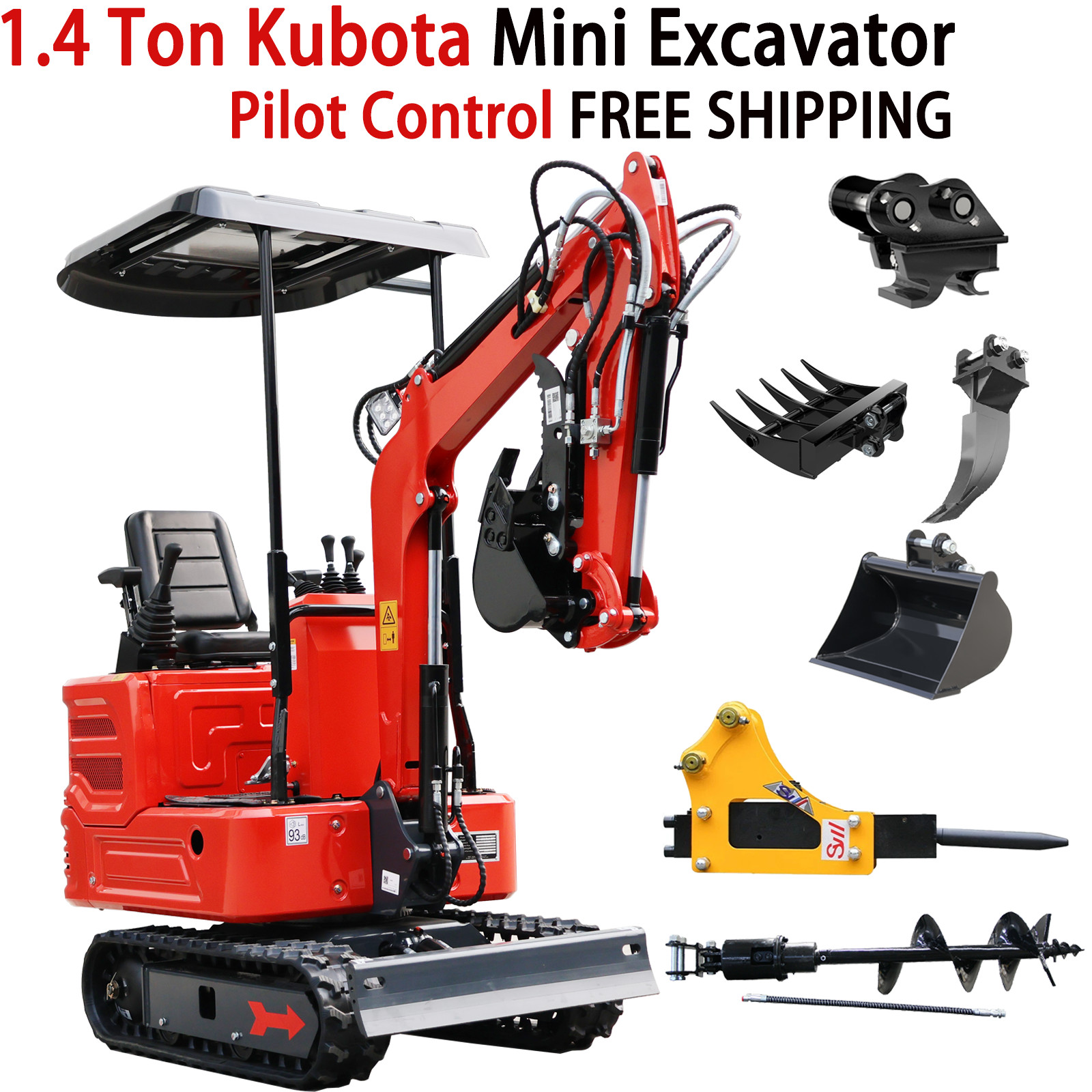 1.4 Ton Mini Excavator Kubota Diesel Crawler Digger with 6 Attachment FREE SHIP