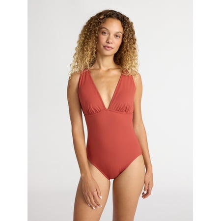 Time and Tru Women’s Ribbed Plunge One Piece Swimsuit, Sizes XS-2X