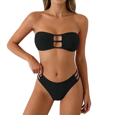 BSDJILFG Strapless Swimsuits for Women Two Piece Bikini Sets Crochet Hollow Out Bandeau Tube Bra and Swimwear Bottom