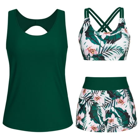 Karight 3 Piece Tankini Swimsuits for Women Tummy Control Plus Size Bathing Suit with Boy Shorts Tank Top and Sports Bra