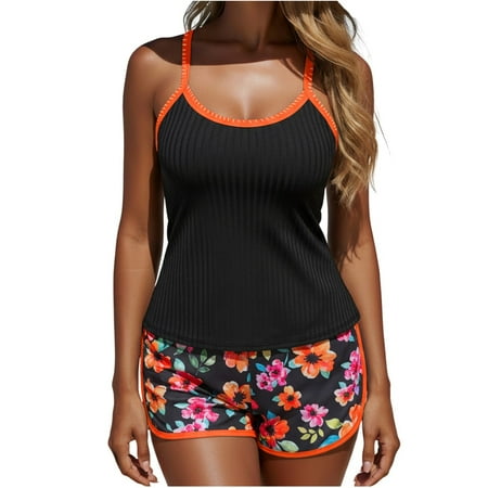 Floral Tankini Set for Women Retro Boho 2 Piece Modest Swimsuits Loose Swimwear Tops with Shorts Two Piece Bathing Suit(Pink 3XL)