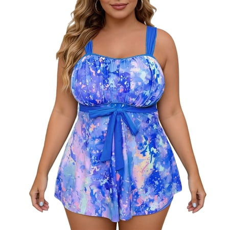 Stamzod Womens Plus Size Swim Dress Swimsuit One Piece Tummy Control Bathing Suit Flowy Swimwear with Bowknot Blue XXL