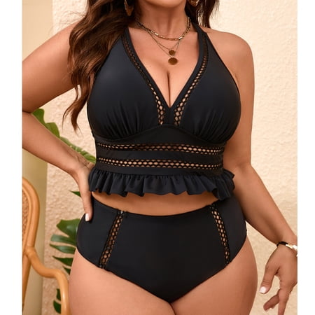 SwiftWear Women’s Plus Size Bikini Set Padded Ruffled Top & High Waisted Tummy Control Swimsuit Full Coverage Bathing Suit