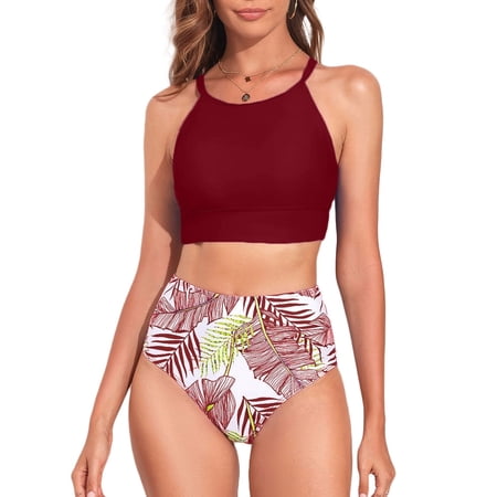 SHEWIN Women’s Tummy Control Tropical Leaf Print Swimsuits, 2-Piece Set, Size L