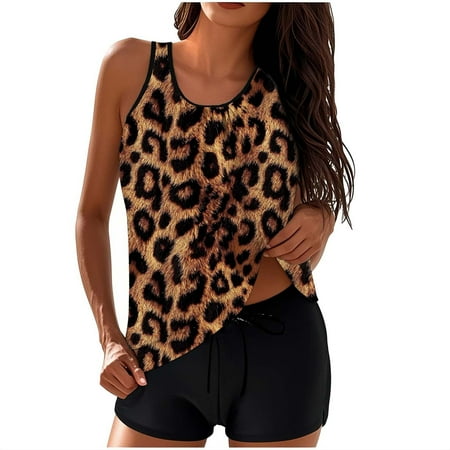 Lcziwo Swimsuits for Women with Shorts High Waist Hawaiian Style Tankini Two Piece Leopard Print Bathing Suit Beach Surfing Summer 2025 Swimwear Multicolor,M