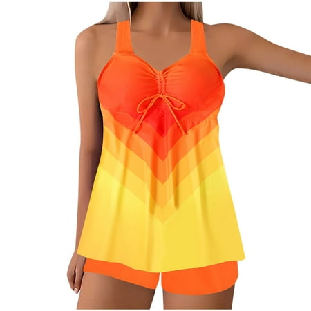 Htigea Modest Tankini Swimsuits for Women Front Drawstring Ruched Swimwear with Boy Shorts Tummy Control 2 Piece Bathing Suits Orange,S