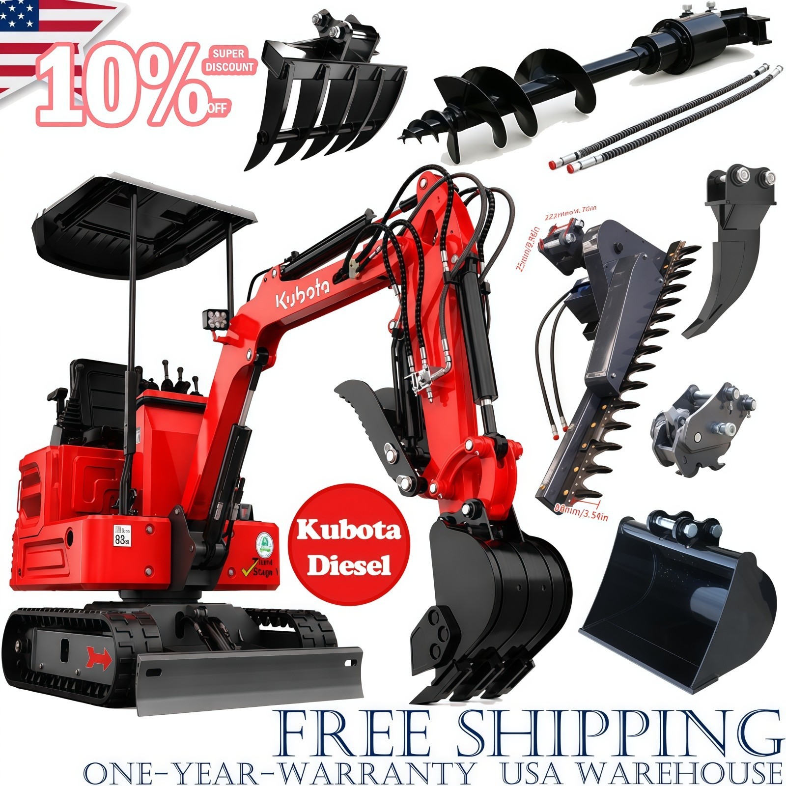 1.4 Ton Mini Excavator Kubota Diesel Water-Cooled Engine+5 Attachments FREE SHIP
