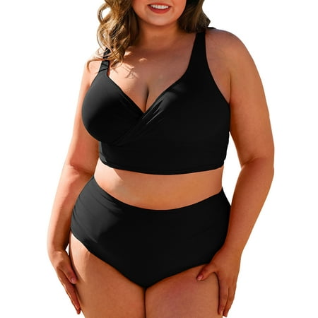 SHEWIN Plus Size Bikini Sets for Women Two Piece Swimsuits Sets Adjustable Spaghetti Straps Bathing Suit Sporty Swimming Suit Black 2X