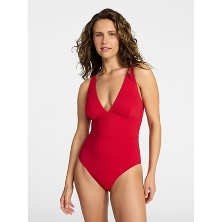 Time and Tru Women’s and Women’s Plus Ribbed Plunge One-Piece Swimsuit, Sizes XS-3X