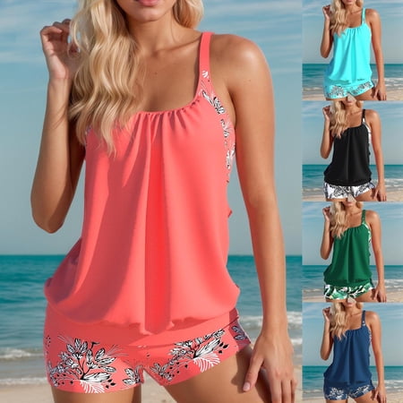 TrendOFT Two Piece Tankini Swimsuits for Women Tummy Control Bathing Suit with Shorts Athletic Two Side Pockets Swimwear Blue L