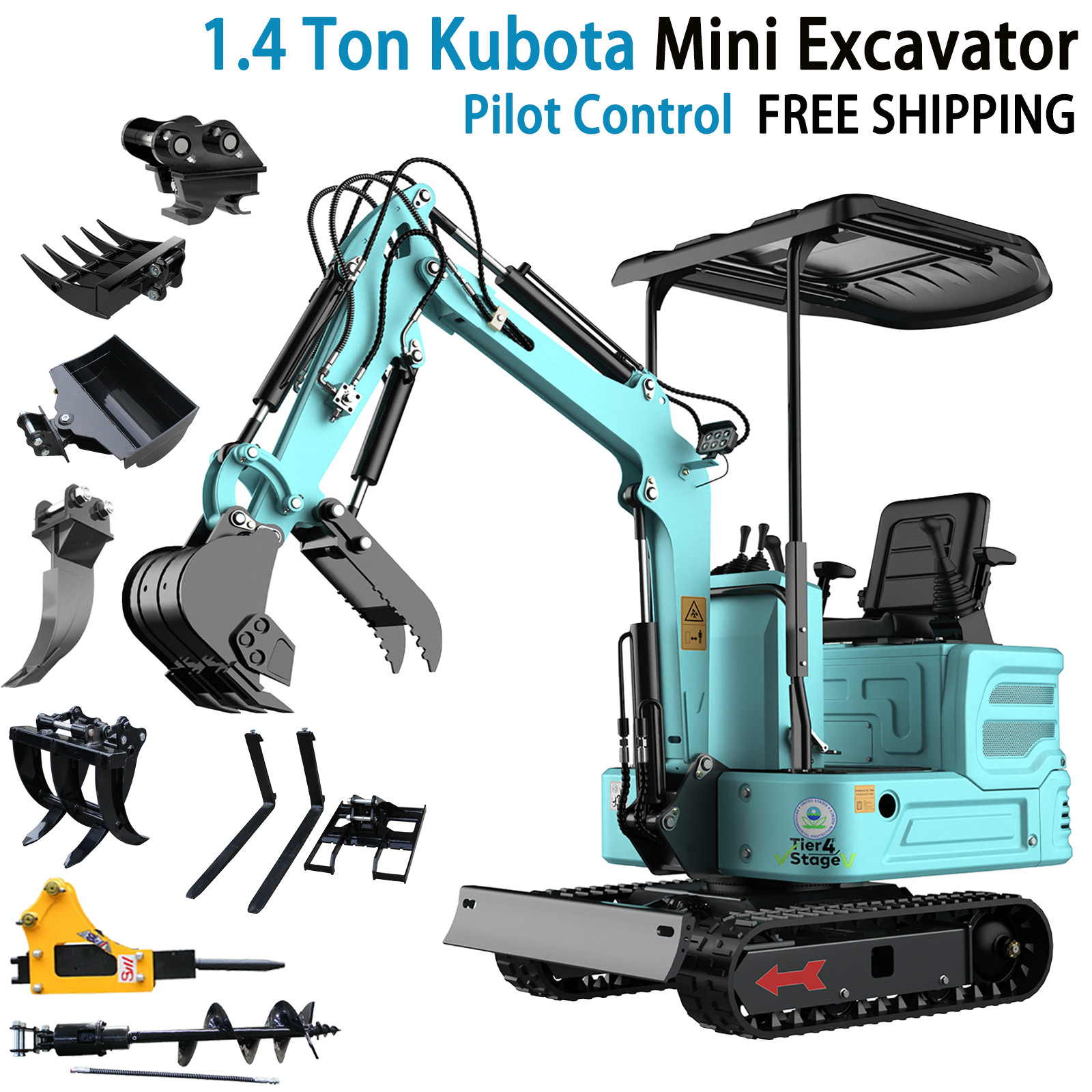 FREE SHIP 1.4Ton Mini Excavator Kubota Engine Crawler Small Digger 5Attachments