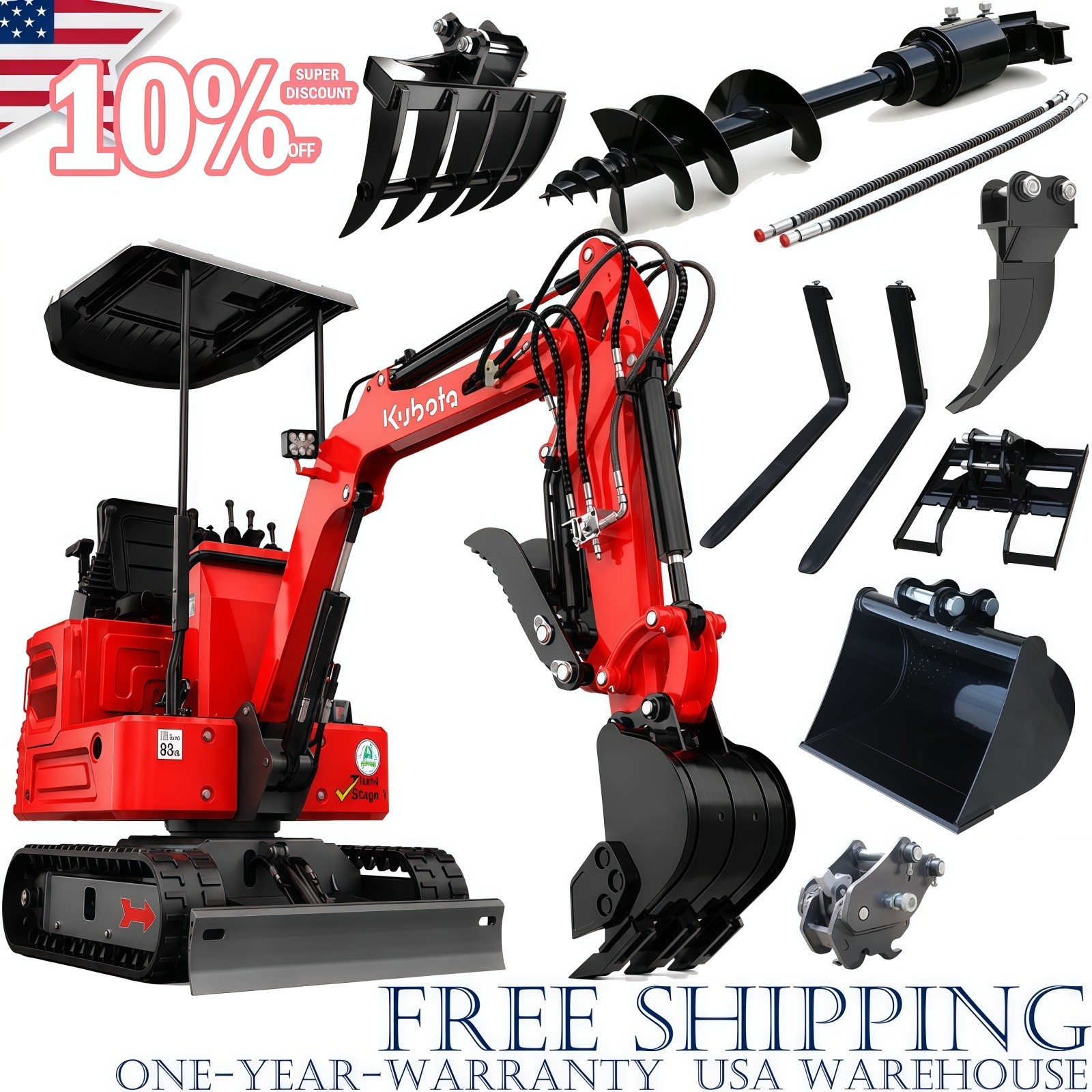 1.4Ton Mini Excavator Kubota Z482 Diesel Engine Pilot Control Crawler Digger EPA