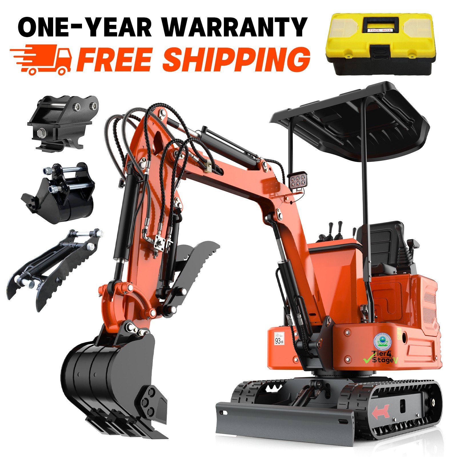 1Ton Mini Excavator 2000lb Digger B&S 13.5HP Hydraulic Thumb 3 Attachments USA