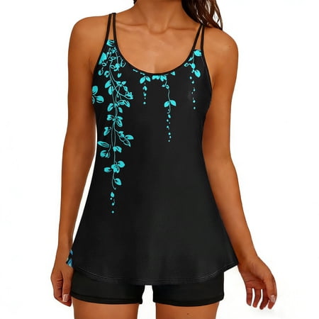 Aboser Women’s Boho Floral Tankini Swimsuits with Shorts Long Torso Swim Top Bathing Suit Tummy Control Two Piece Swimsuit Push Up Modest Beachwear Black S