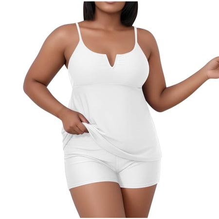 asdoklhq Bathing Suit Tankini Swimsuits Floral Women’s Oversized Casual Solid Color Split Tank Top with Chest Cushion Swimsuit Set White 2X