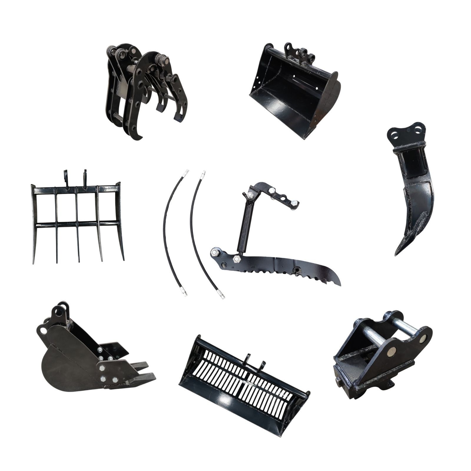 8pcs Mini Excavator Attachments Narrow Bucket, Ripper Rake Auger Quick Hitch Kit