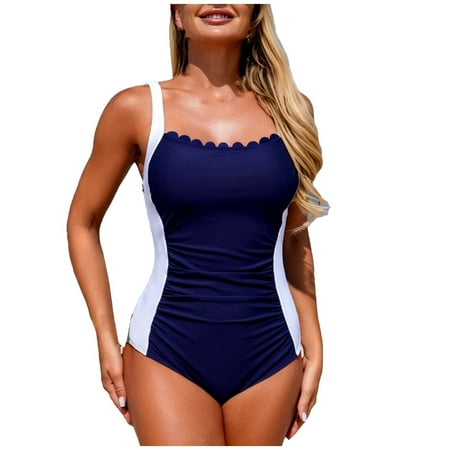asdoklhq Women Bathing Suits Womens Tankini Bathing Suits Summer Women’s Color Blocked Adjustable Camisole Flower Sports Bikini Swimsuit Blue L