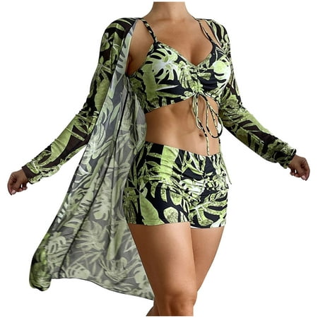 TMOYZQ Tankini Swimsuits for Women 3 Piece Boho Drawstring Bikini Set Boy Shorts Summer Beach Bathing Suit with Chiffon Beach Cover Ups
