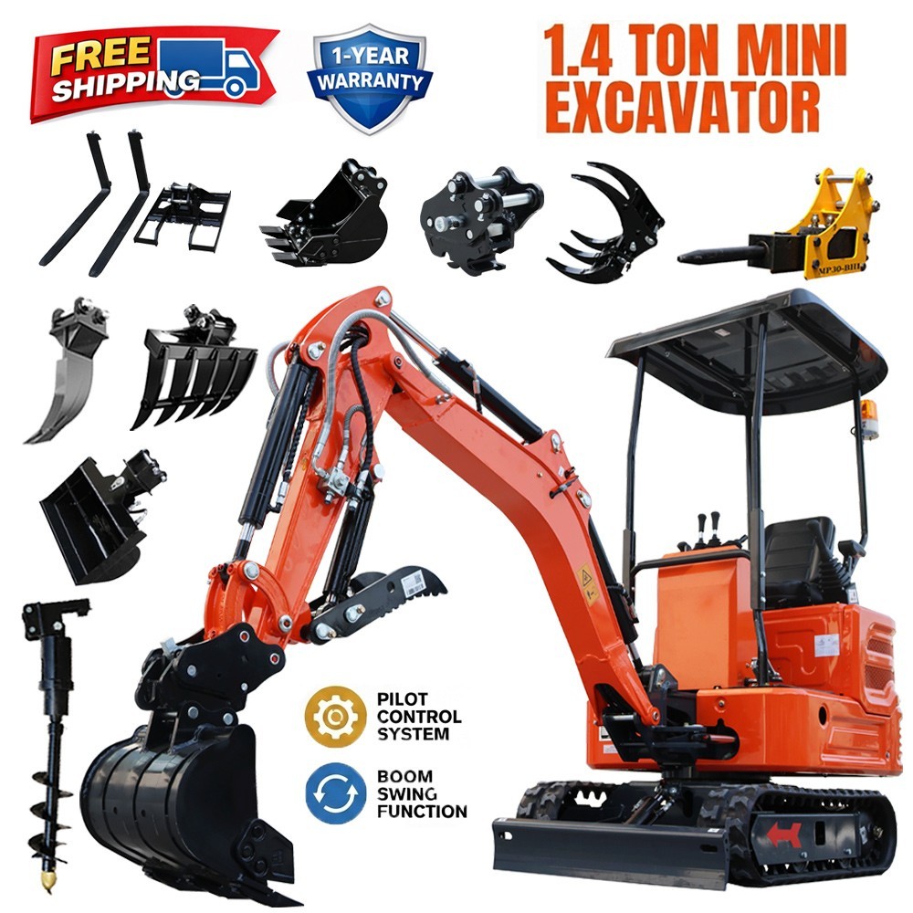 Mini Excavator 1.4 Ton Side Swing Pilot Control B&S Engine 13.5HP + Attachments