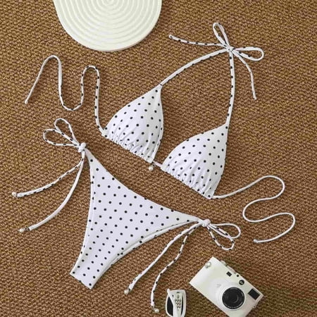 Women’s Bikini Swimsuits Polka Dots 2 Piece Bikini Set Triangle Halter Thong Swimsuit Bathing Suit
