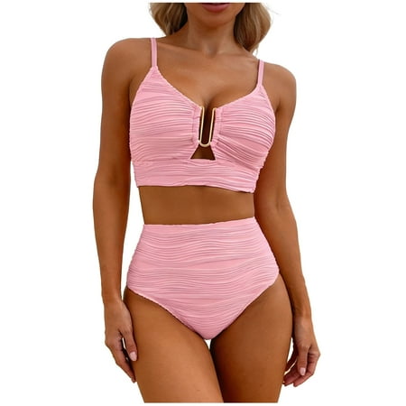 Stamzod Women’s 2 Piece Bikini Set U-Wire Cutout Bathing Suit Tummy Control Swimsuits with Bottom Pink S