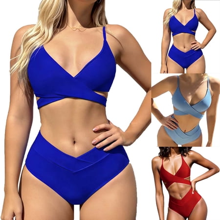 Sakmal Bikini Swimsuits Women Tummy Control Padded Swimwear Beach Solid Blue Swimsuits for Women L