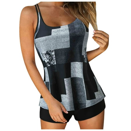 Tankini Swimsuits for Women Supportive Bikini Tops for Large Bust 2024 Summer Two Piece Short Set Bathing Suit for Women Bathing Suits Print Sling Swim Tank Top with Shorts Beach Swimwear