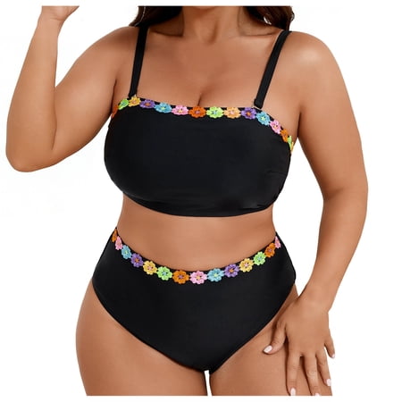 Sokhug Womens Plus Size Floral Print Strapless Bandeau Bikini Set High Waisted Two Piece Swimsuit