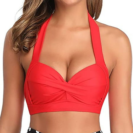 HomeGardon Swim Tops Women Push up Swim Top Clearance Women Bikini Top Push Up Swim Top Halter Retro Bathing Suit Top Padded Swimsuit Top Only